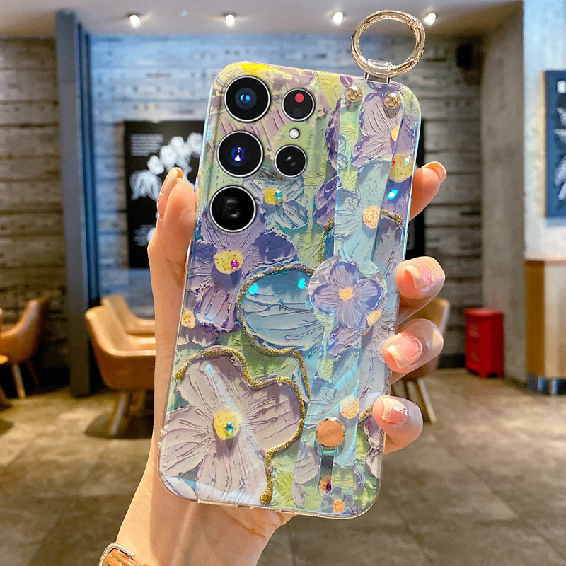 Purple Oil Painting Flower Wristband Holder With Lanyard Samsung Case - mycasety2023 Mycasety