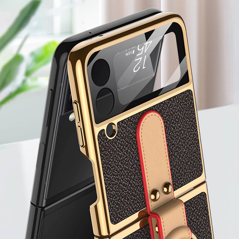 Luxury Leather Back Screen Tempered Glass Hard Frame Cover For Samsung Z Flip3 Flip4 5G With Lanyard - Mycasety Mycasety