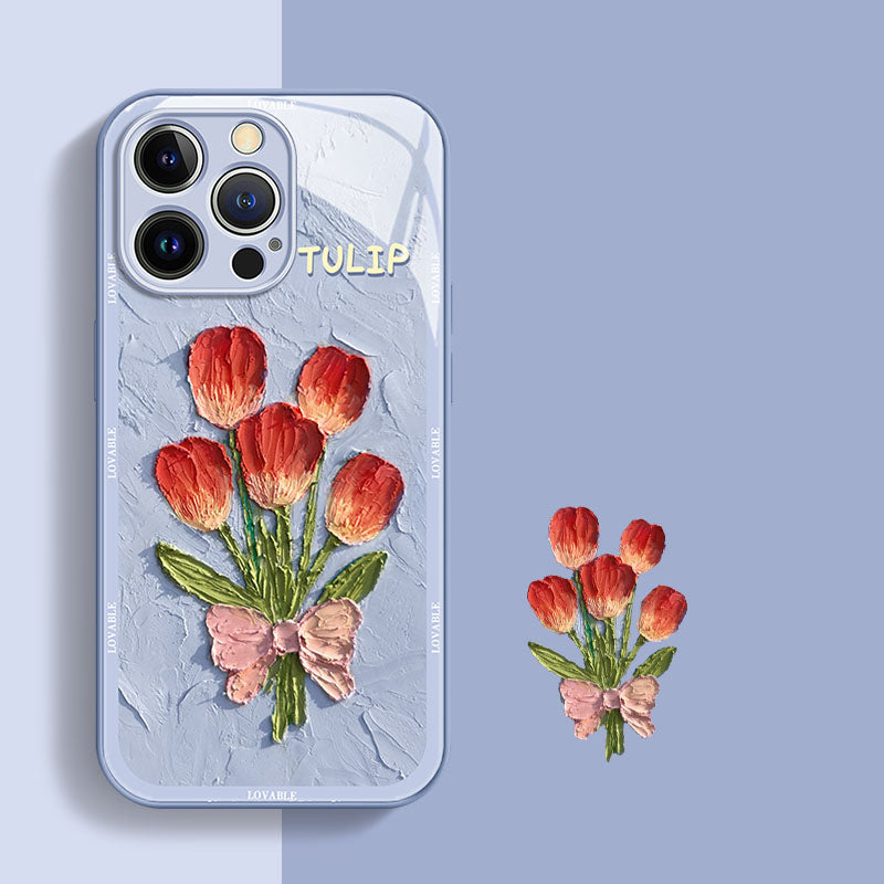 Oil Painting Tulip Liquid Glass iPhone Case - Mycasety Mycasety
