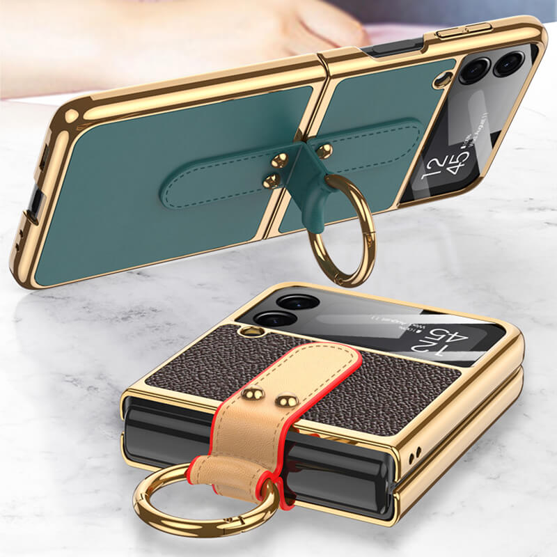 Luxury Leather Back Screen Tempered Glass Hard Frame Cover For Samsung Z Flip3 Flip4 5G With Lanyard - Mycasety Mycasety