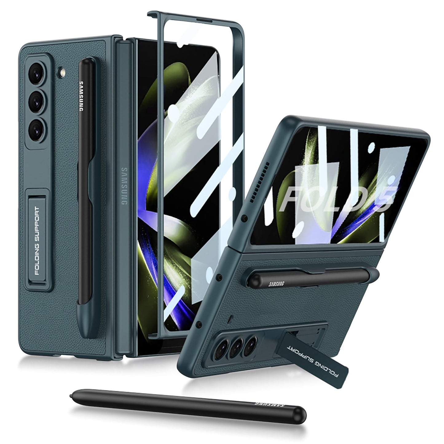 Slim Leather Samsung Galaxy Z Fold 5 Case with Front Screen Tempered Glass Protector & Pen Slot & Stylus - Mycasety Mycasety