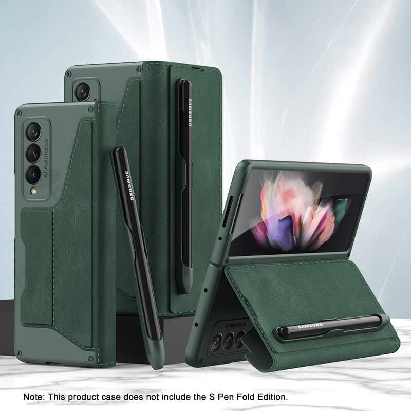 Leather Pen Holder Armor Back Case For Samsung Galaxy Z Fold3 Fold4 5G - Mycasety Mycasety