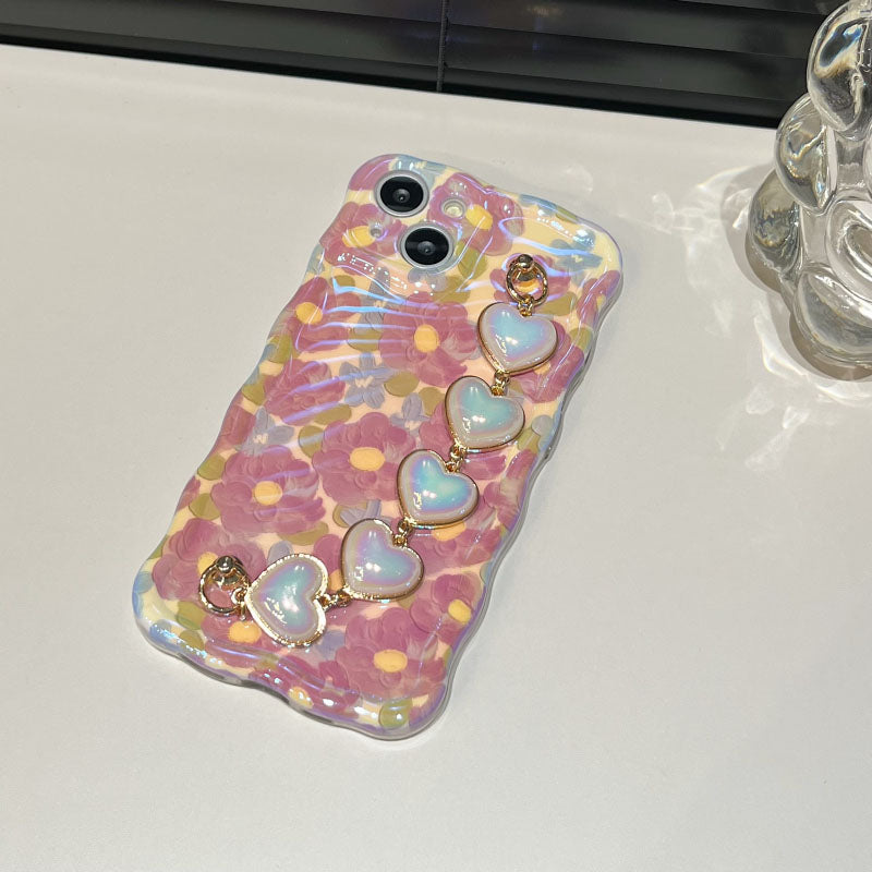 Purple Oil Painting Flower Wristband Chain iPhone Case - mycasety2023 Mycasety