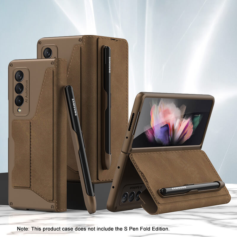 Leather Pen Holder Armor Back Case For Samsung Galaxy Z Fold3 Fold4 5G - Mycasety Mycasety