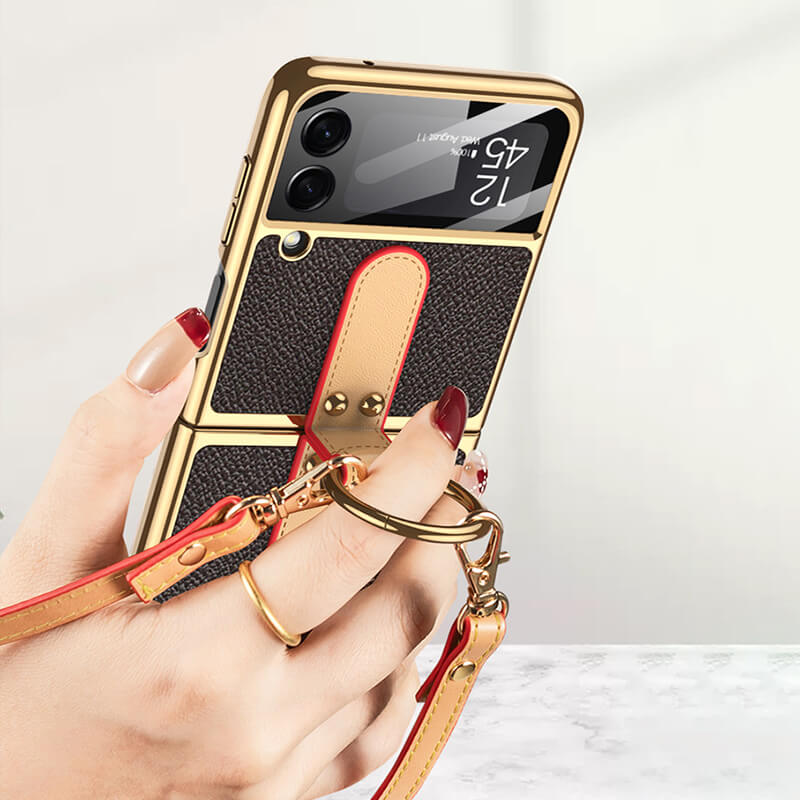 Luxury Leather Back Screen Tempered Glass Hard Frame Cover For Samsung Z Flip3 Flip4 5G With Lanyard - Mycasety Mycasety
