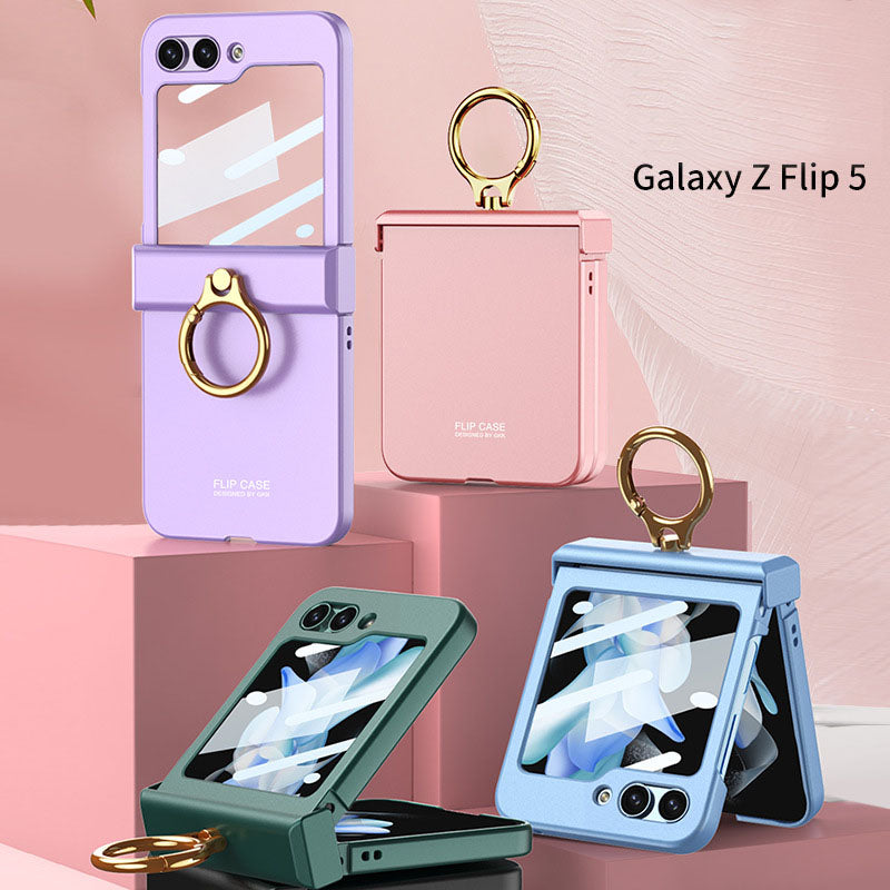 Electroplated hinge all-inclusive Case with Ring Front Screen Tempered Glass Protective Film For Samsung Galaxy Z Flip5 - Mycasety Mycasety