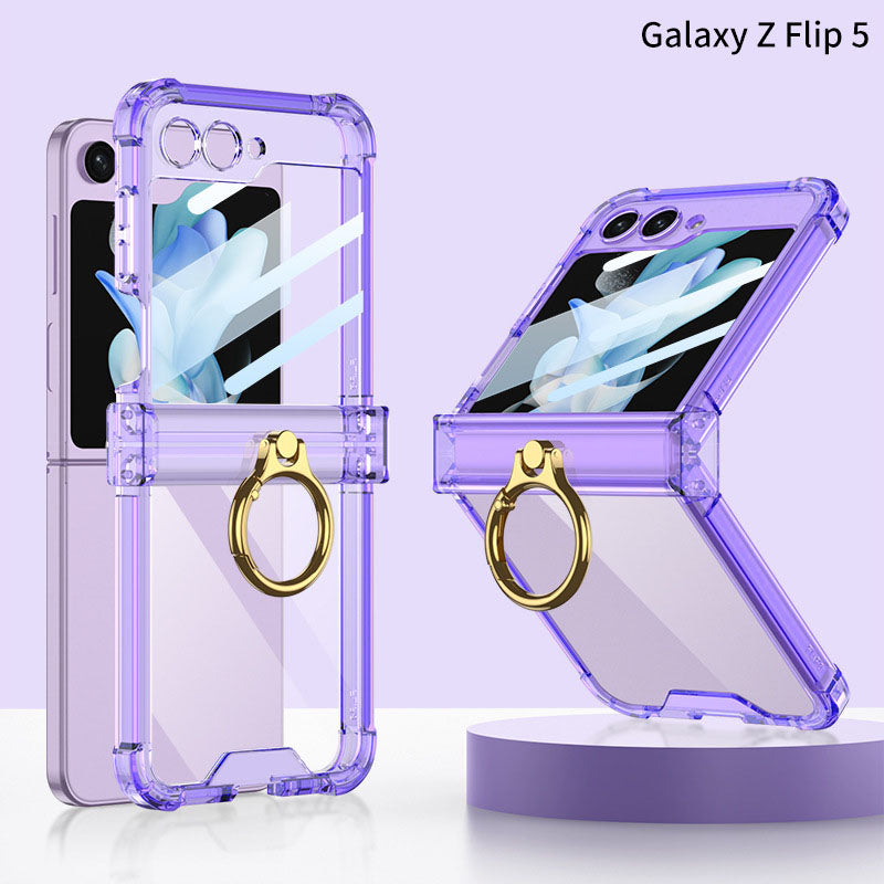 Samsung Galaxy Z Flip 5 Hinge Full Coverage Airbag Phone Case with Ring Front Screen Tempered Glass Protector - mycasety2023 Mycasety