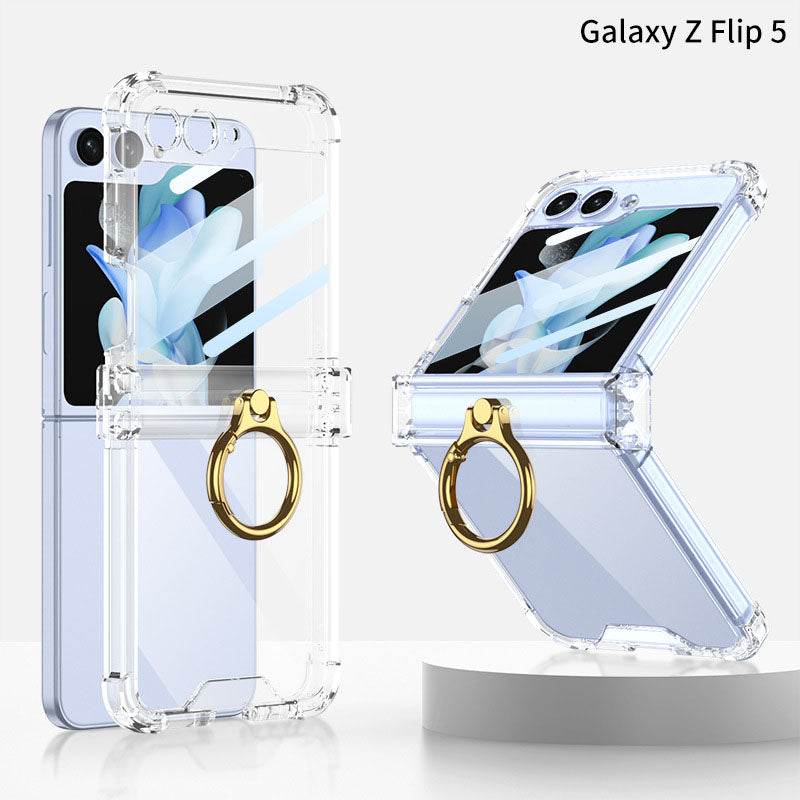 Samsung Galaxy Z Flip 5 Hinge Full Coverage Airbag Phone Case with Ring Front Screen Tempered Glass Protector - mycasety2023 Mycasety