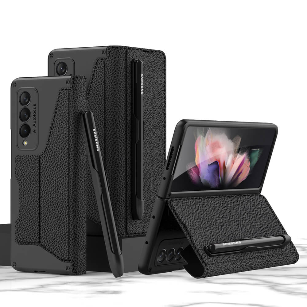 Leather Pen Holder Armor Back Case For Samsung Galaxy Z Fold3 Fold4 5G - Mycasety Mycasety