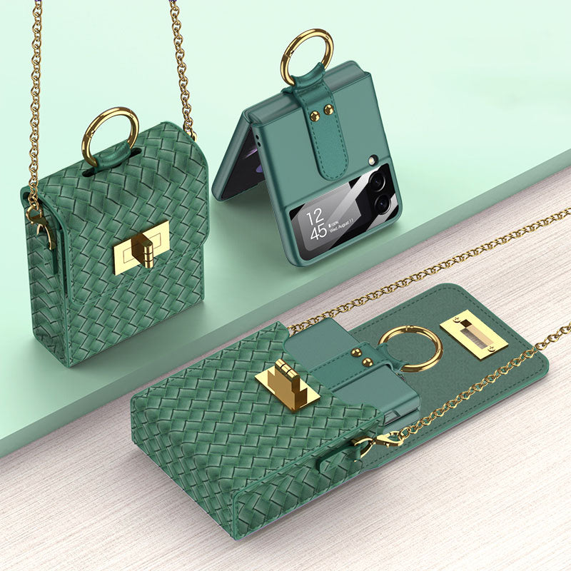Luxury Leather Mini Phone Bag with Gold Chain For Samsung Galaxy Z Flip4 Flip3 5G - Mycasety Mycasety