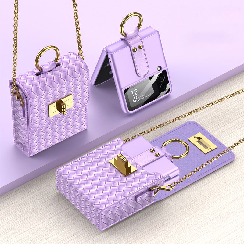 Luxury Leather Mini Phone Bag with Gold Chain For Samsung Galaxy Z Flip4 Flip3 5G - Mycasety Mycasety