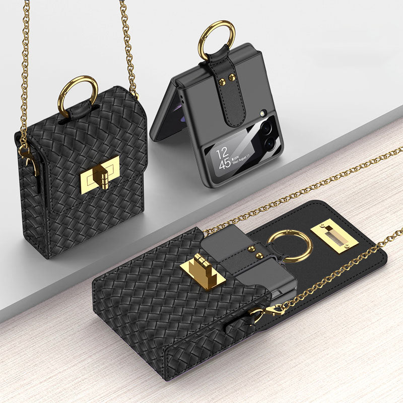 Luxury Leather Mini Phone Bag with Gold Chain For Samsung Galaxy Z Flip4 Flip3 5G - Mycasety Mycasety