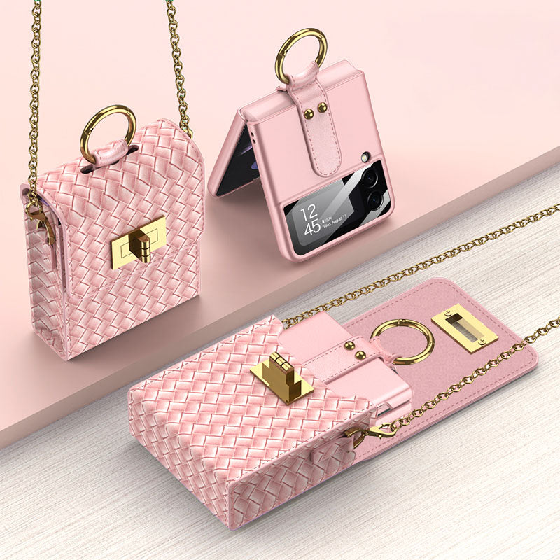 Luxury Leather Mini Phone Bag with Gold Chain For Samsung Galaxy Z Flip4 Flip3 5G - Mycasety Mycasety
