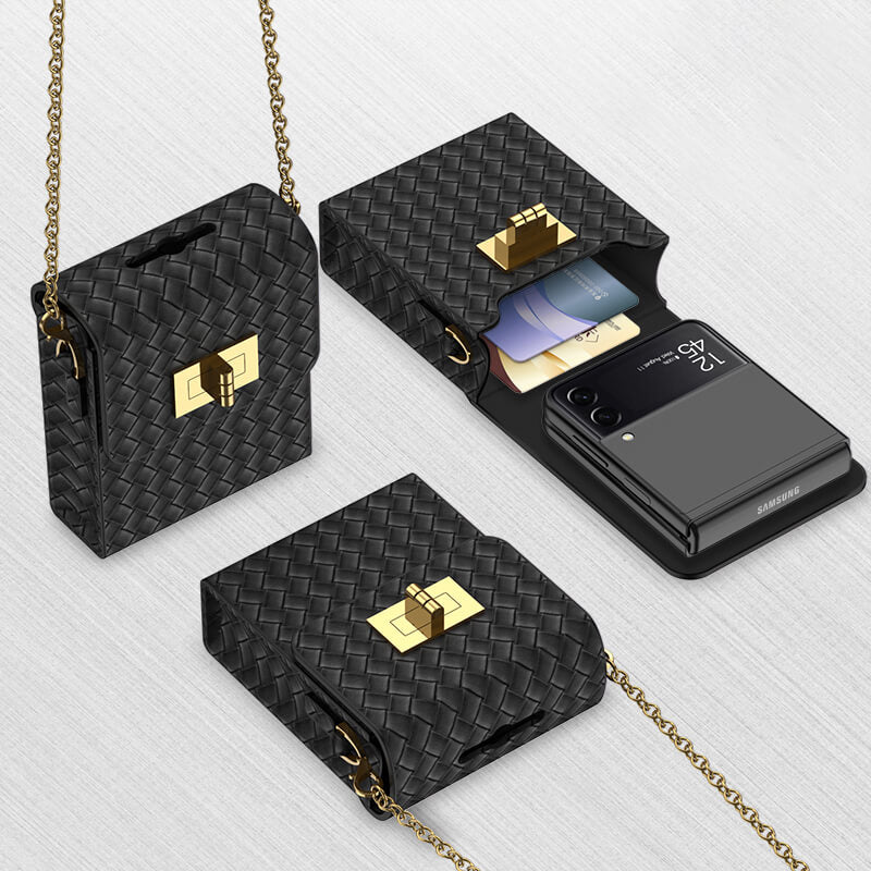 Luxury Leather Mini Phone Bag with Gold Chain For Samsung Galaxy Z Flip4 Flip3 5G - Mycasety Mycasety