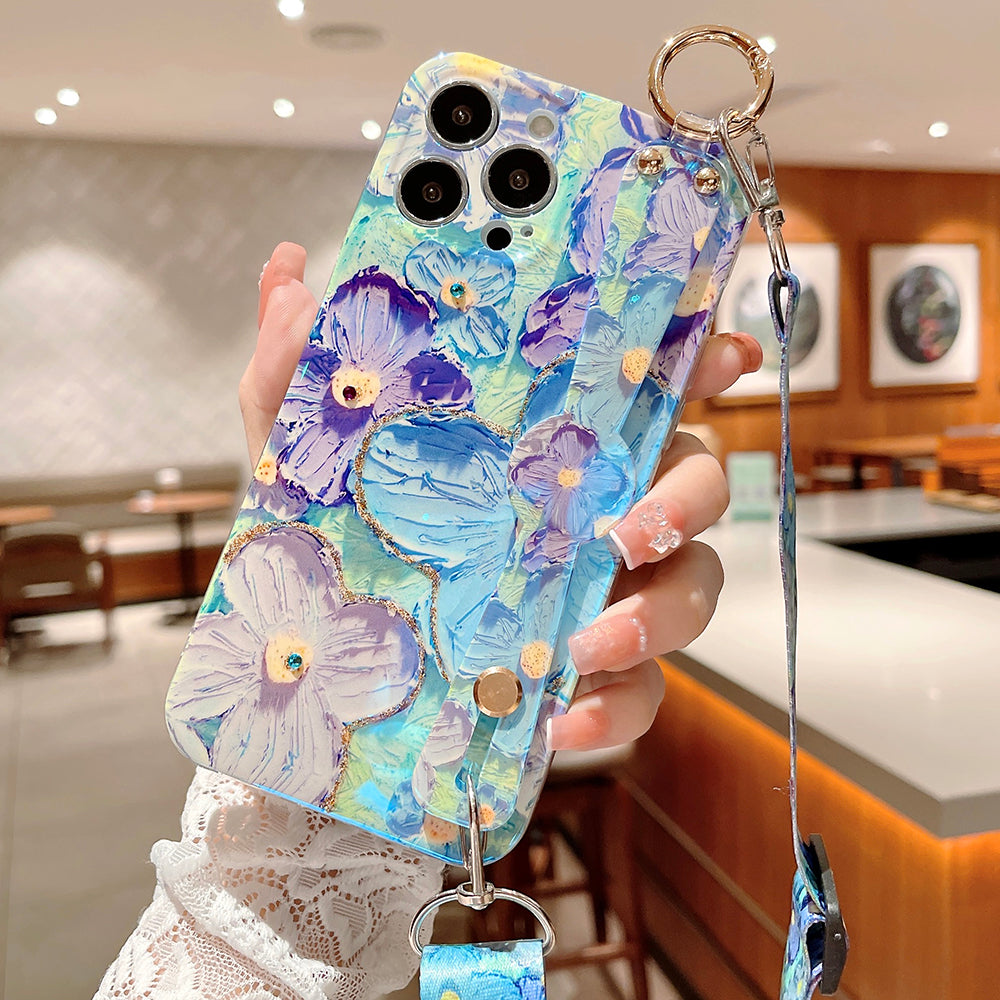 Purple Oil Painting Flower Wristband Holder with Lanyard iPhone Case - mycasety2023 Mycasety
