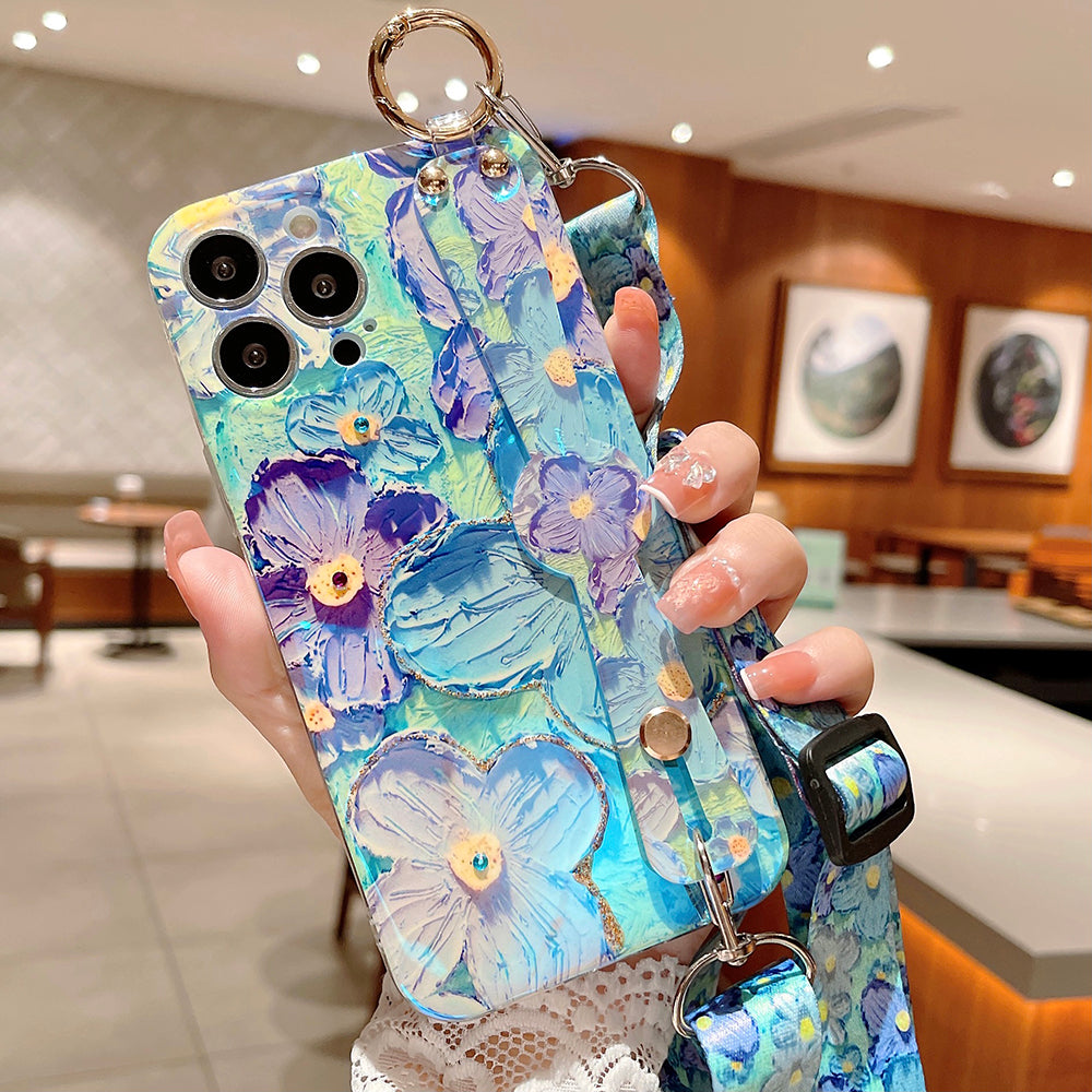 Purple Oil Painting Flower Wristband Holder with Lanyard iPhone Case - mycasety2023 Mycasety