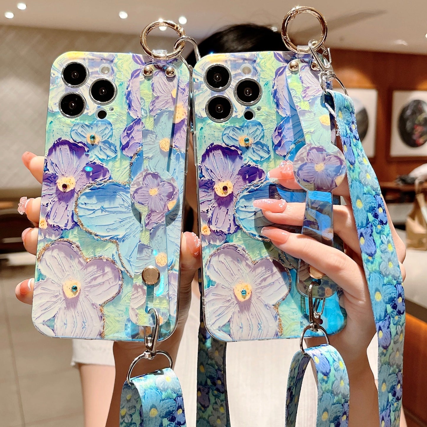 Purple Oil Painting Flower Wristband Holder With Lanyard Samsung Case - mycasety2023 Mycasety