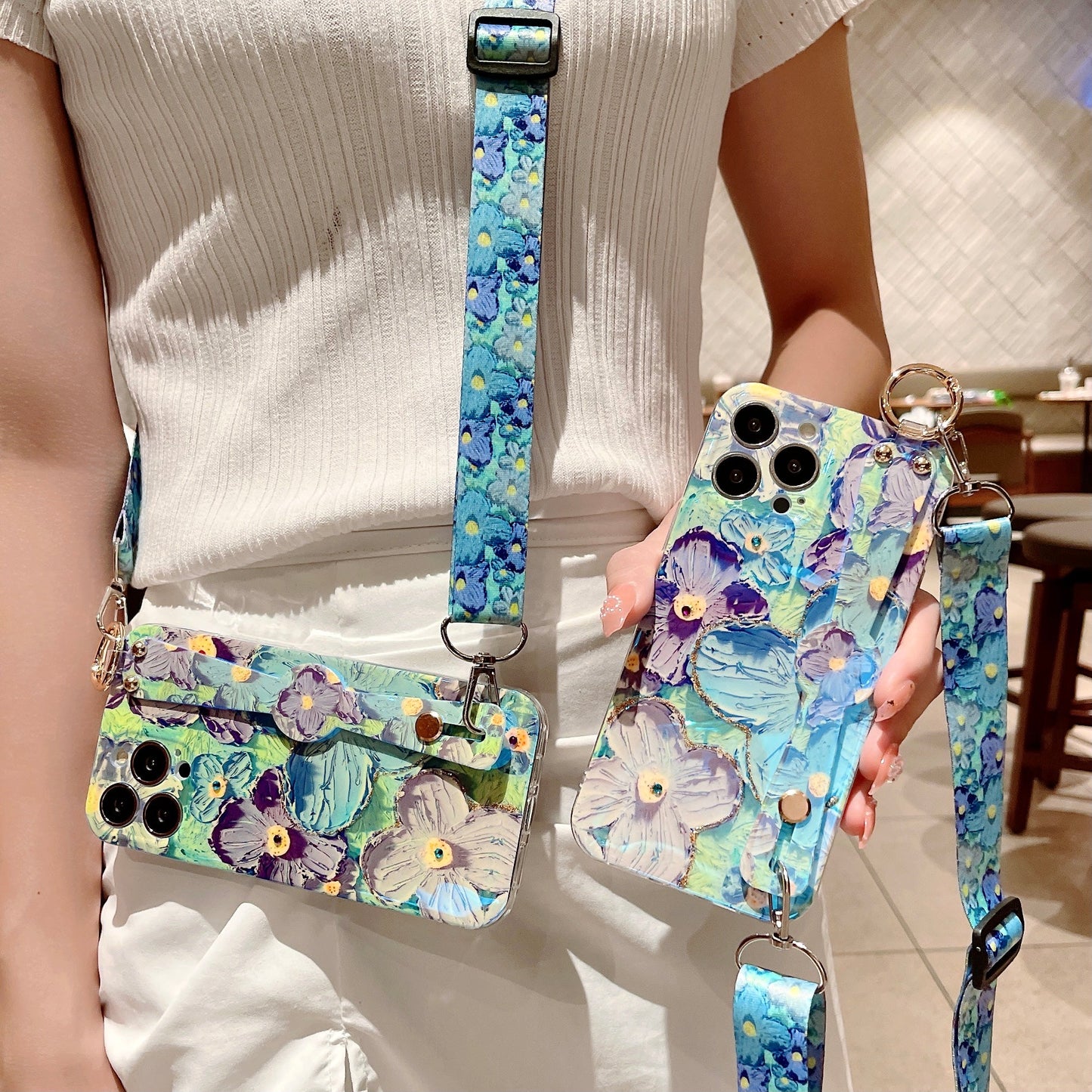 Purple Oil Painting Flower Wristband Holder With Lanyard Samsung Case - mycasety2023 Mycasety