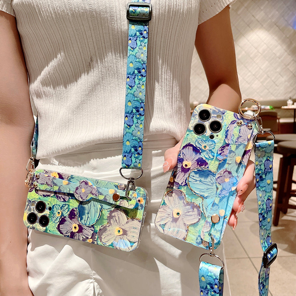 Purple Oil Painting Flower Wristband Holder with Lanyard iPhone Case - mycasety2023 Mycasety