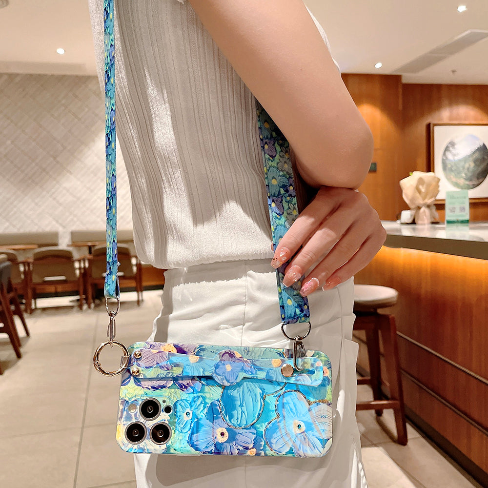 Purple Oil Painting Flower Wristband Holder with Lanyard iPhone Case - mycasety2023 Mycasety