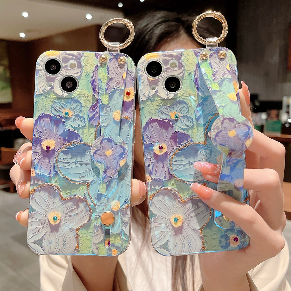 Purple Oil Painting Flower Wristband Holder with Lanyard iPhone Case - mycasety2023 Mycasety