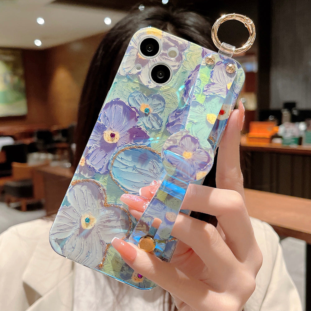 Purple Oil Painting Flower Wristband Holder with Lanyard iPhone Case - mycasety2023 Mycasety