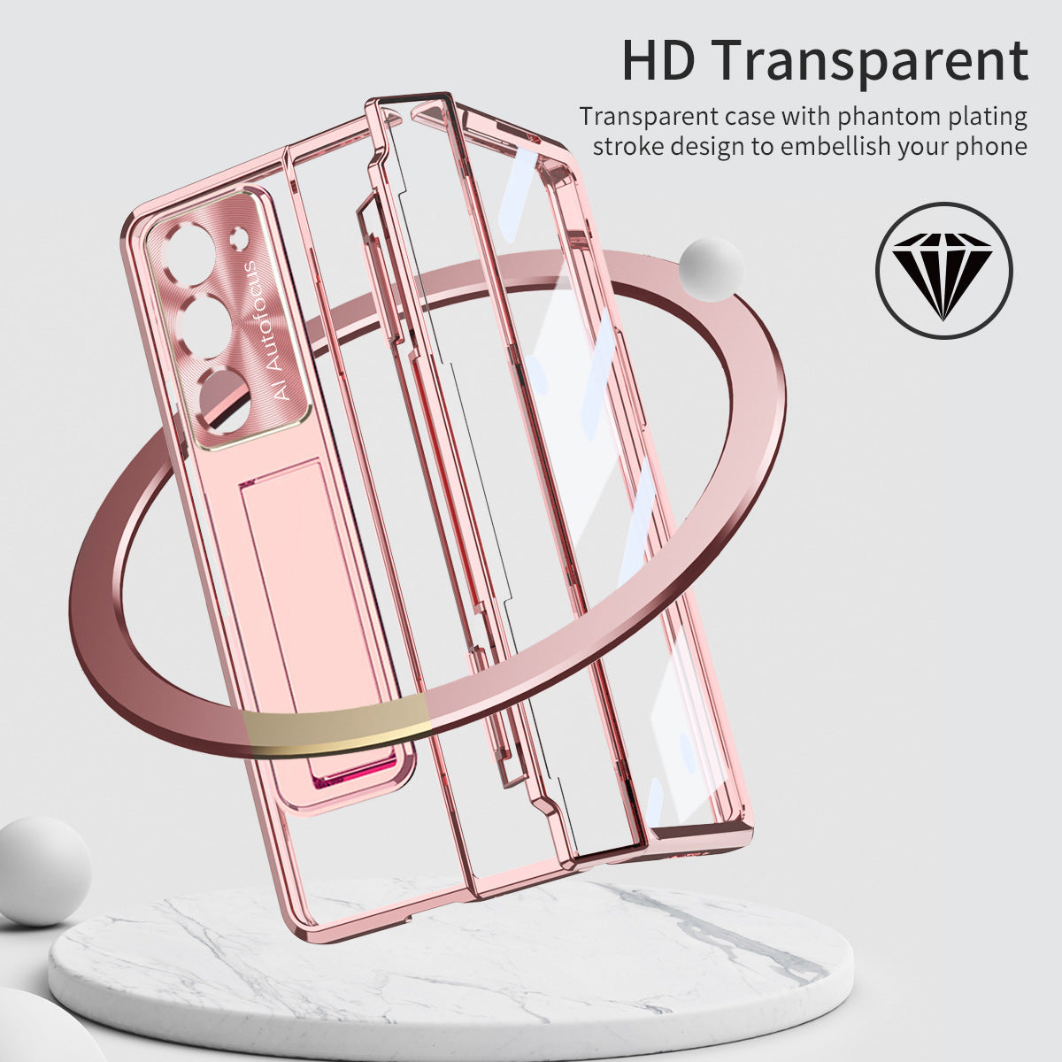 Electroplated Clear PC Galaxy Z Fold5 Fold4 Fold3 Case with Front Screen Protector & Flat Hinge & Hidden Stand And Pen Slot and Free Stylus - Mycasety Mycasety