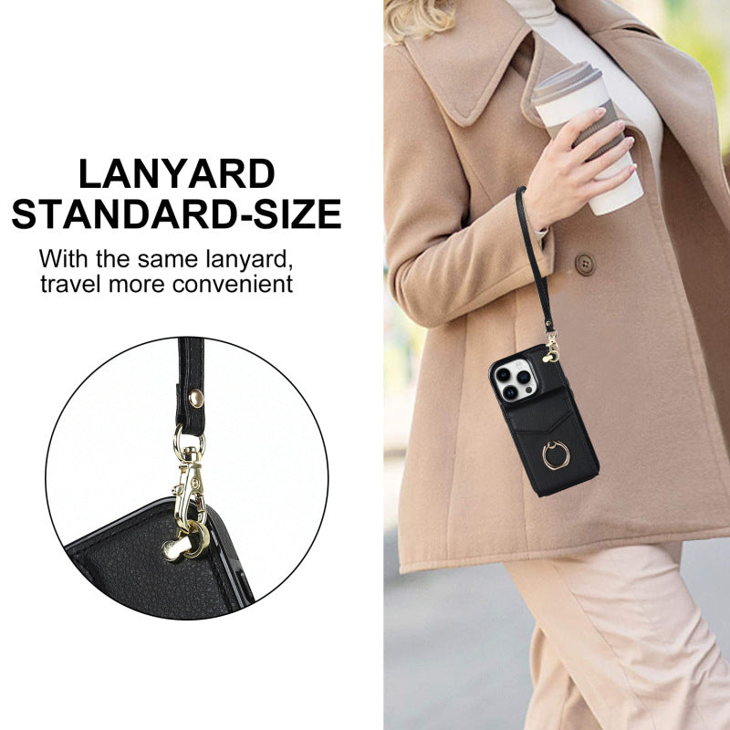Luxurious Leather Card Holder Anti-fall Protective iPhone Case With Wrist Strap - Mycasety Mycasety
