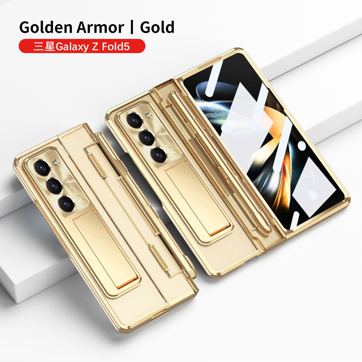 Electroplated Clear PC Galaxy Z Fold5 Fold4 Fold3 Case with Front Screen Protector & Flat Hinge & Hidden Stand And Pen Slot and Free Stylus - Mycasety Mycasety