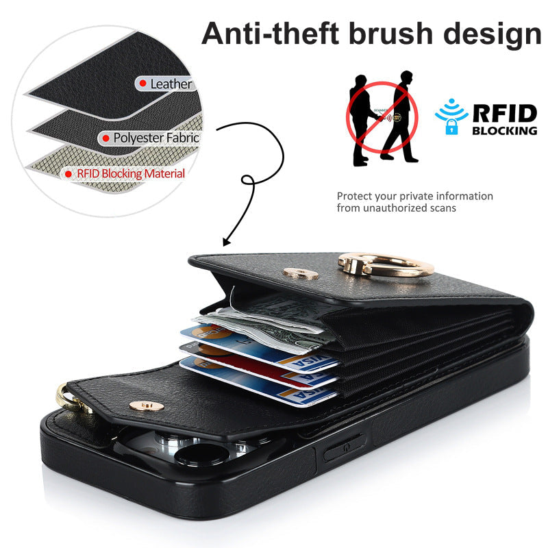 Luxurious Leather Card Holder Anti-fall Protective iPhone Case With Wrist Strap - Mycasety Mycasety