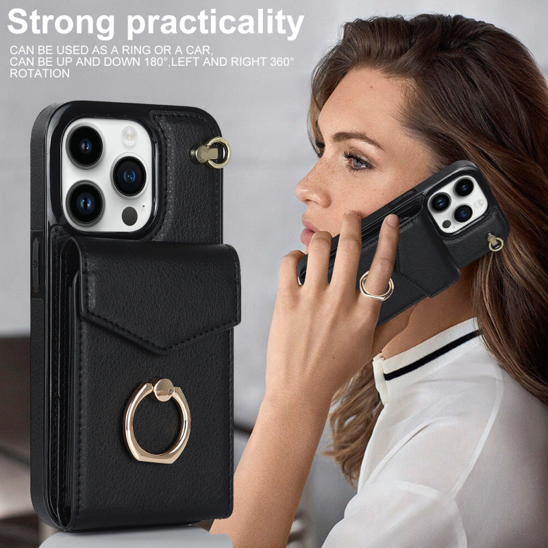 Luxurious Leather Card Holder Anti-fall Protective iPhone Case With Wrist Strap - Mycasety Mycasety