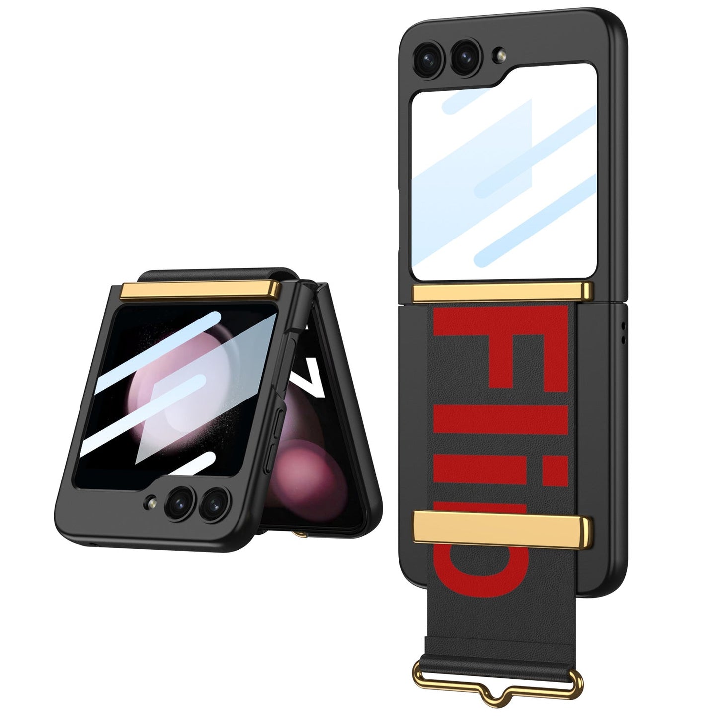 Luxury Anti-fall Strap Phone Case With Front Protection Film For Samsung Galaxy Z Flip5 Flip4 Flip3 - Mycasety Mycasety