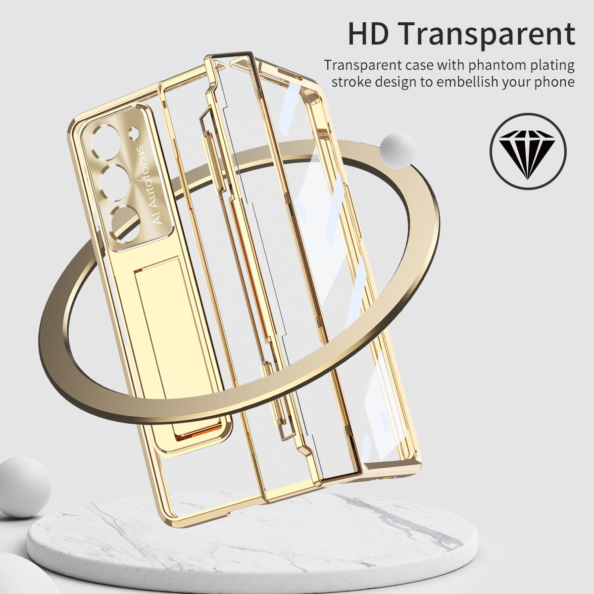 Plated Transparent Galaxy Z Fold5 Fold4 Fold3 Case with Front Screen Protector & Flat Hinge Protection & Kick-Stand - mycasety2023 Mycasety