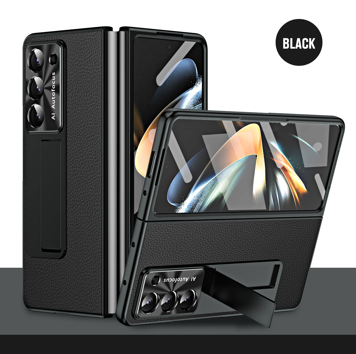 Leather Galaxy Z Fold5 Case with Front Screen Protector With Hidden Kick-Stand - Mycasety Mycasety