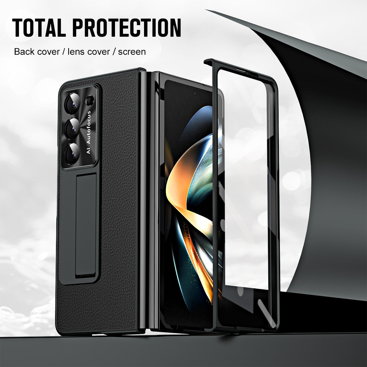 Leather Galaxy Z Fold5 Case with Front Screen Protector With Hidden Kick-Stand - Mycasety Mycasety