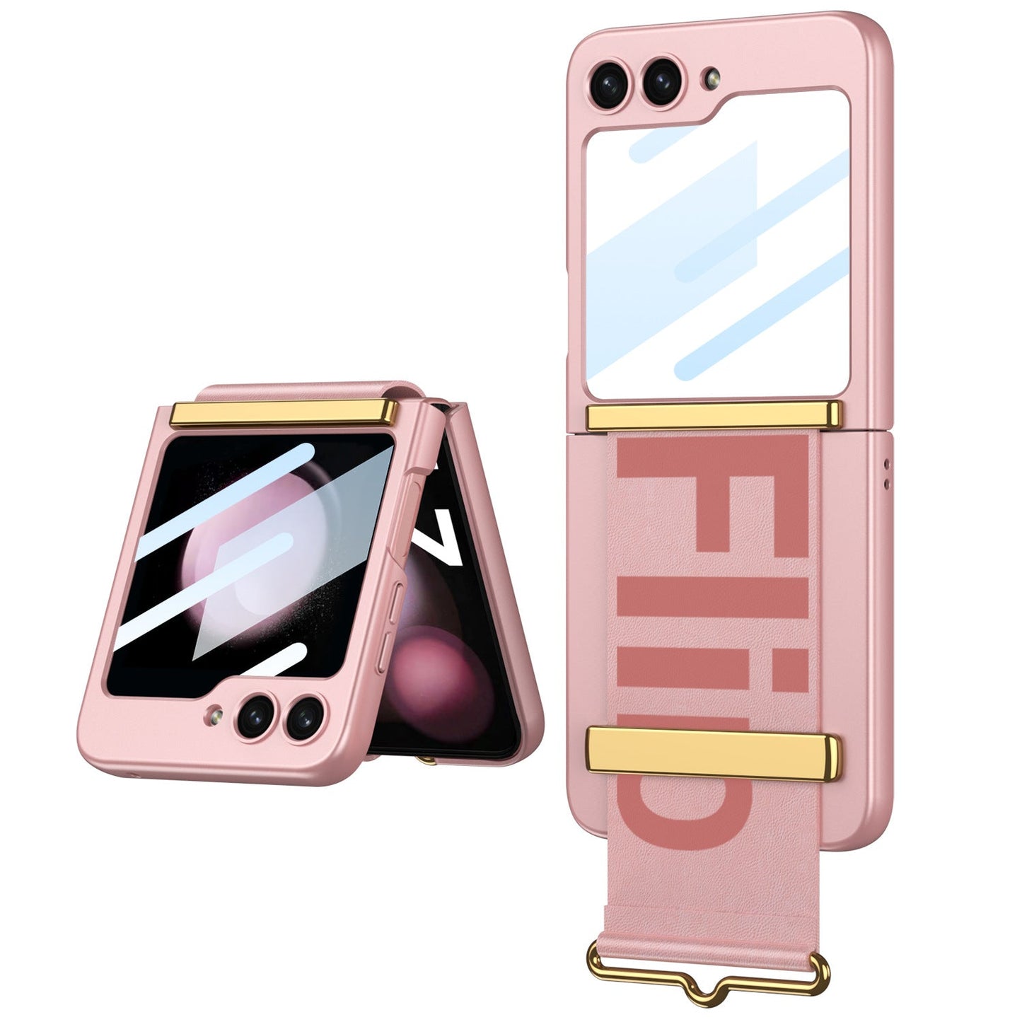 Luxury Anti-fall Strap Phone Case With Front Protection Film For Samsung Galaxy Z Flip5 Flip4 Flip3 - Mycasety Mycasety