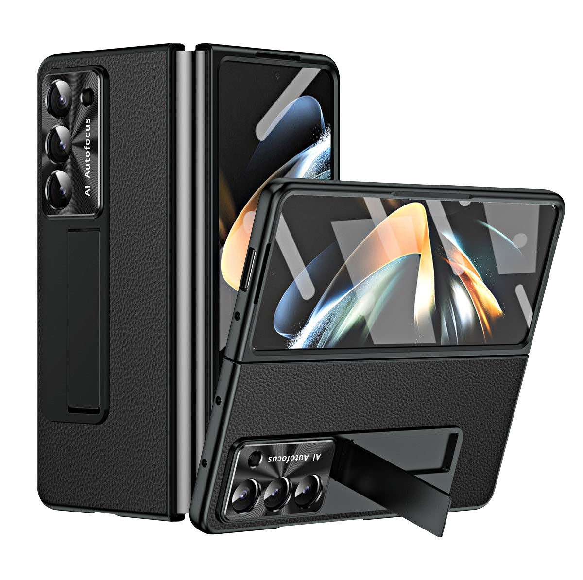 Leather Galaxy Z Fold5 Case with Front Screen Protector With Hidden Kick-Stand - Mycasety Mycasety