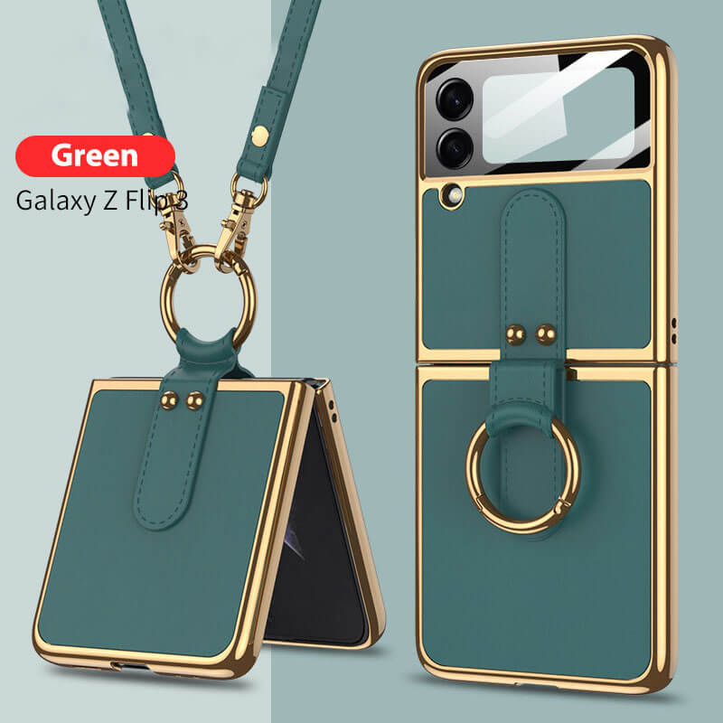 Luxury Leather Back Screen Tempered Glass Hard Frame Cover For Samsung Z Flip3 Flip4 5G With Lanyard - Mycasety Mycasety