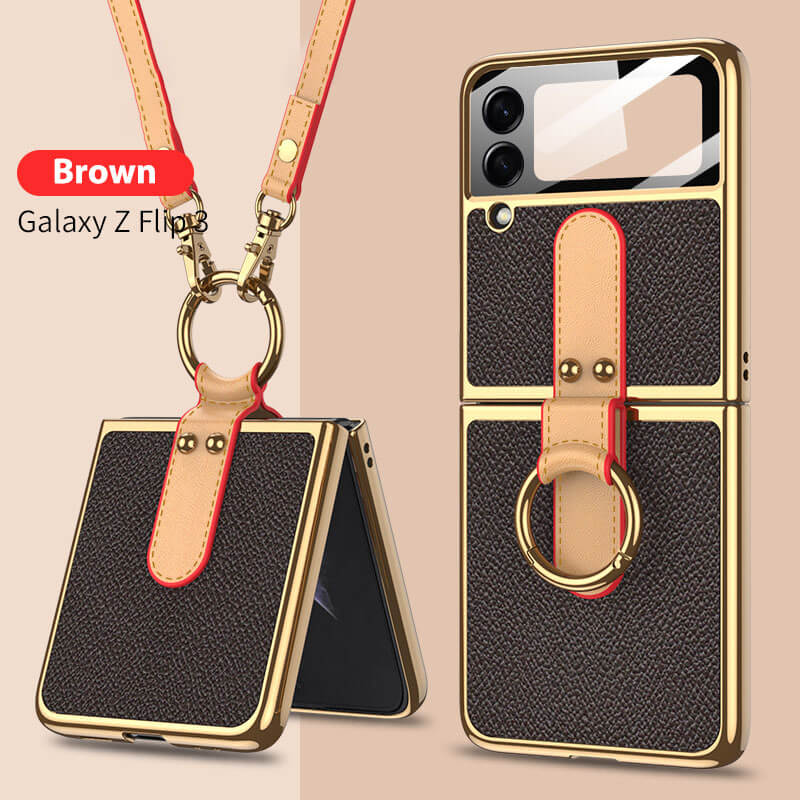 Luxury Leather Back Screen Tempered Glass Hard Frame Cover For Samsung Z Flip3 Flip4 5G With Lanyard - Mycasety Mycasety