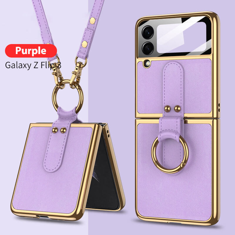 Luxury Leather Back Screen Tempered Glass Hard Frame Cover For Samsung Z Flip3 Flip4 5G With Lanyard - Mycasety Mycasety