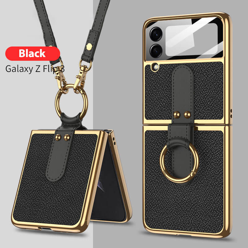Luxury Leather Back Screen Tempered Glass Hard Frame Cover For Samsung Z Flip3 Flip4 5G With Lanyard - Mycasety Mycasety