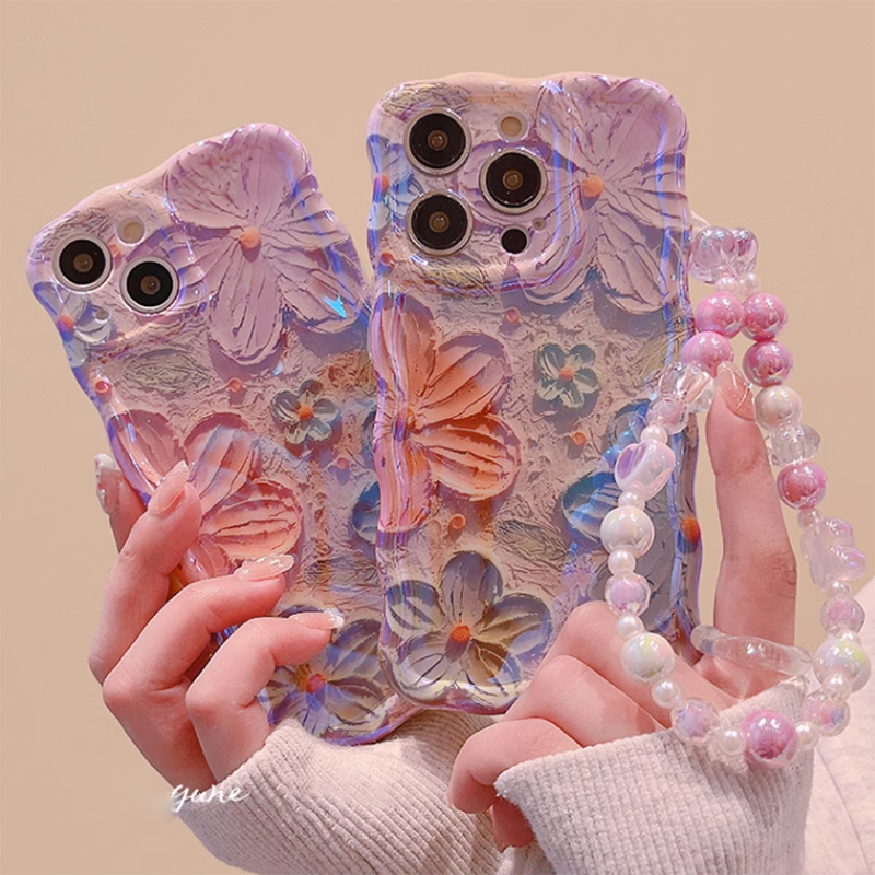 High Quality Blue Light Flower iPhone Case With Lanyard - Mycasety Mycasety