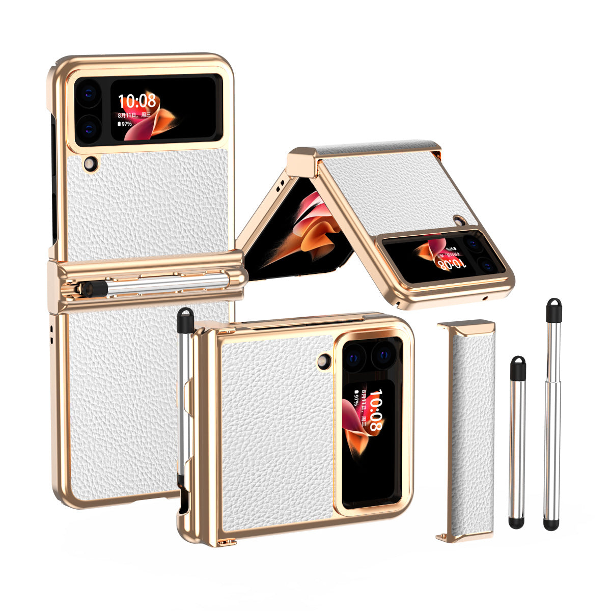 Luxury Leather Case For Samsung Galaxy Z Flip3/4/5 With Double Hinge + Retractable Stylus - Mycasety Mycasety