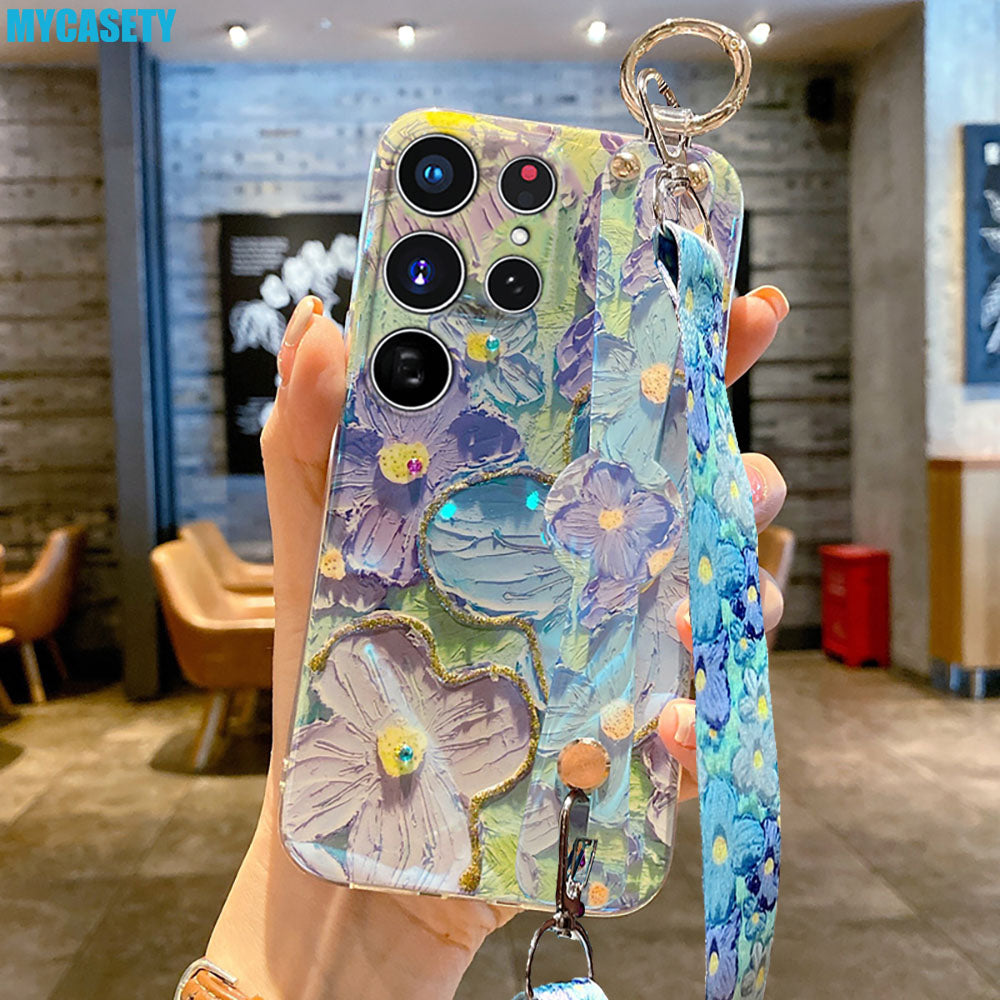 Oil Painting Flower Samsung Phone Case With Wristband & Lanyard - Mycasety Mycasety