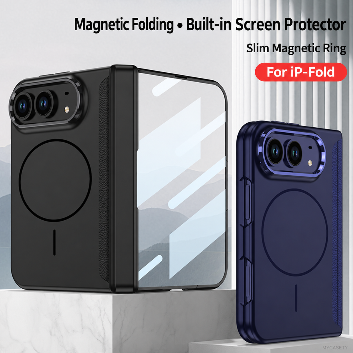 iPhone Duo - Magnetic Hinge Protection Business Cover Built-in Tempered Glass Film &  Magnetic Ring