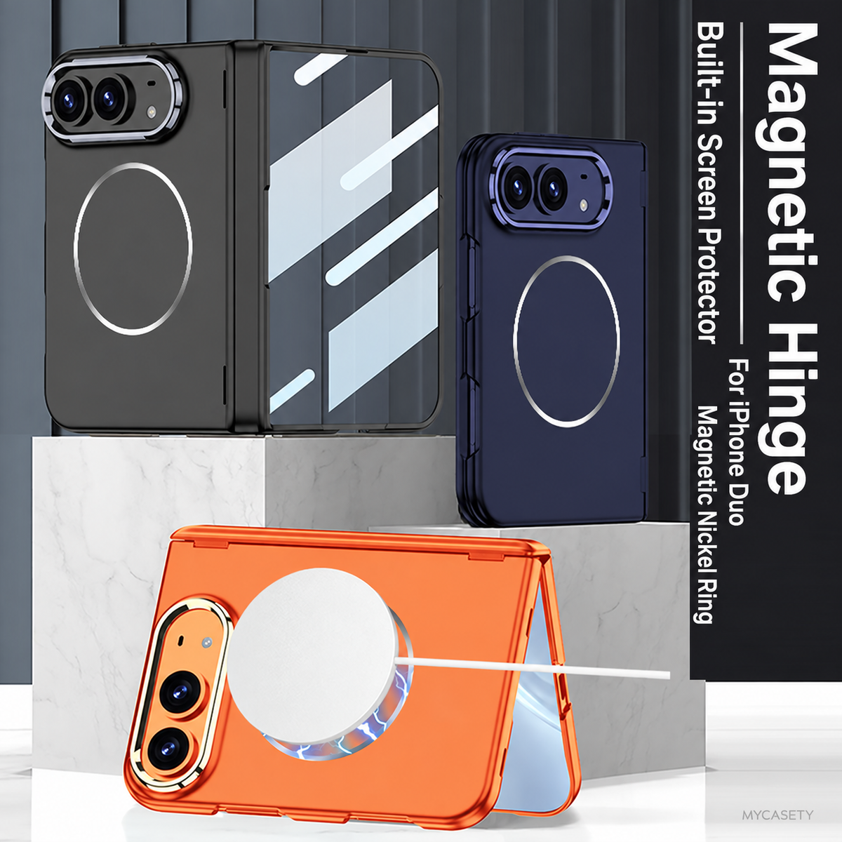 iPhone Duo - Magnetic Hinge Protection Fashion Cover Built-in Tempered Glass Film & Magnetic Ring