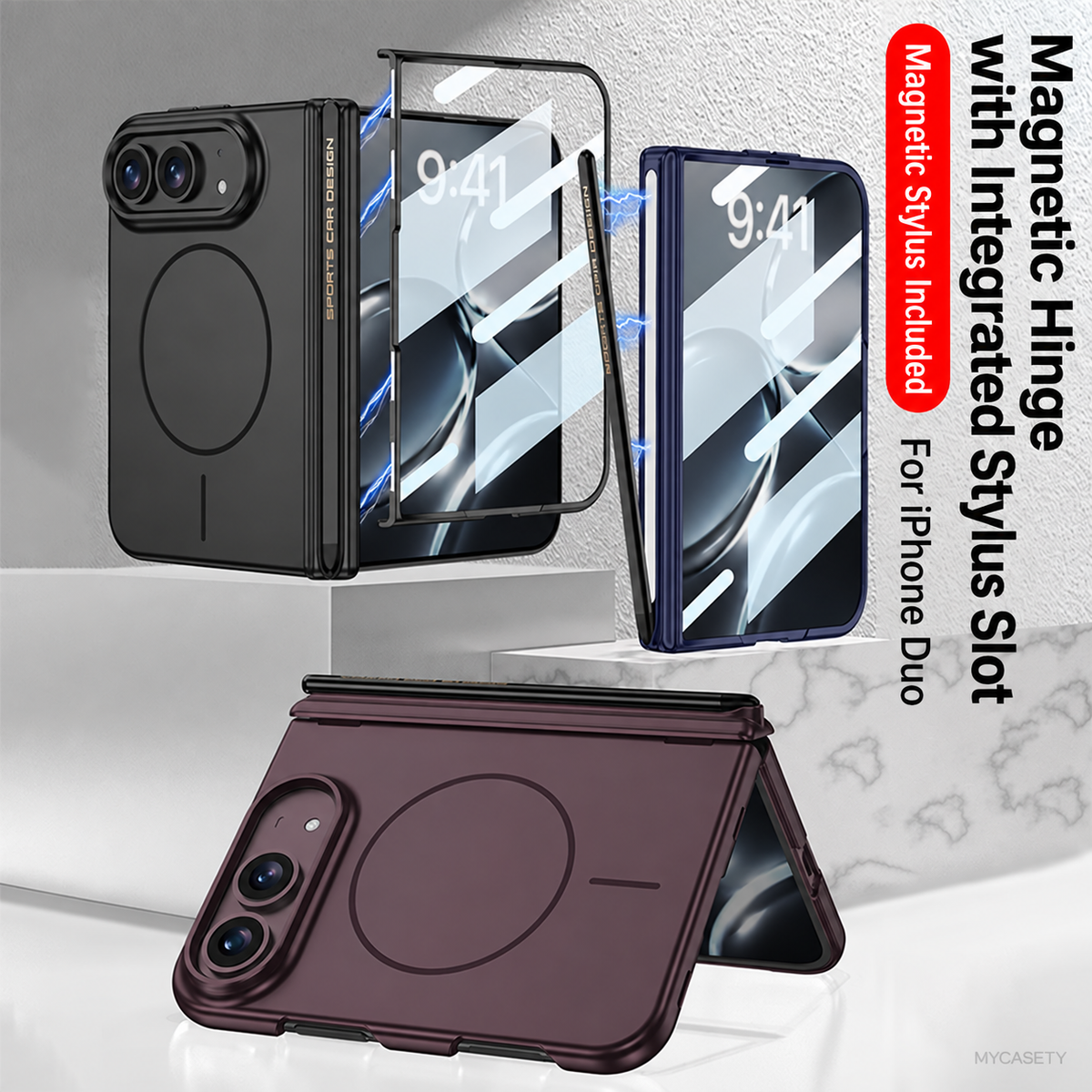 iPhone Duo - Magnetic Hinge Protection Cover Built-in Tempered Glass Film & Magnetic Stylus