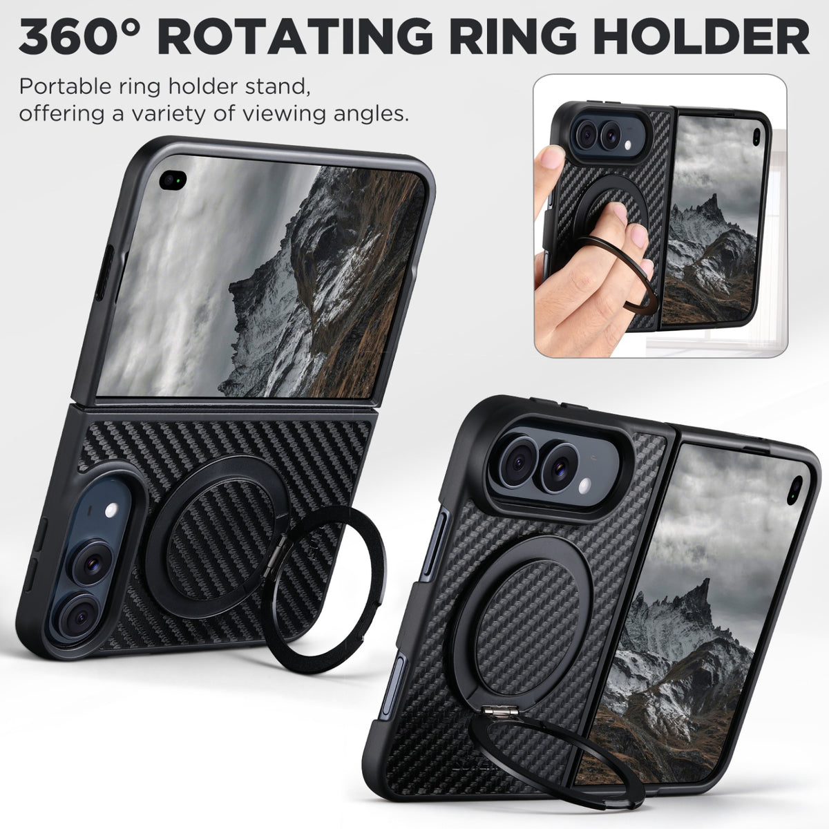 iPhone Duo | Carbon-Pattern Magnetic Leather Case with 360° Ring Stand
