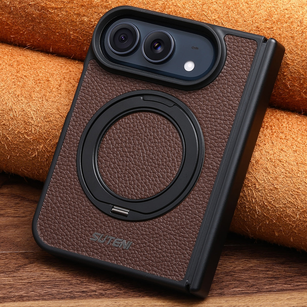 iPhone Duo | Pebbled Magnetic Leather Case with Hinge Protection & 360° Ring Stand