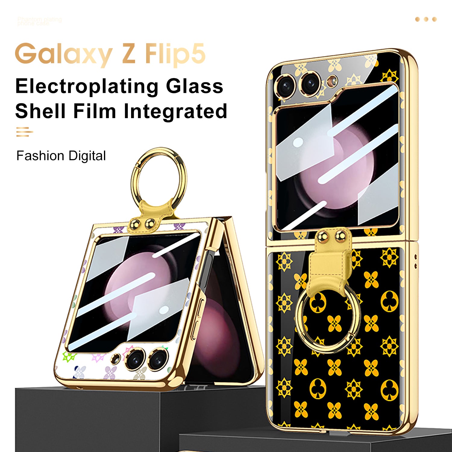 Electroplating Ring Holder Drop-proof Phone Case With Back Screen Protector For Samsung Galaxy Z Flip5 Flip4 Flip3 - Mycasety Mycasety